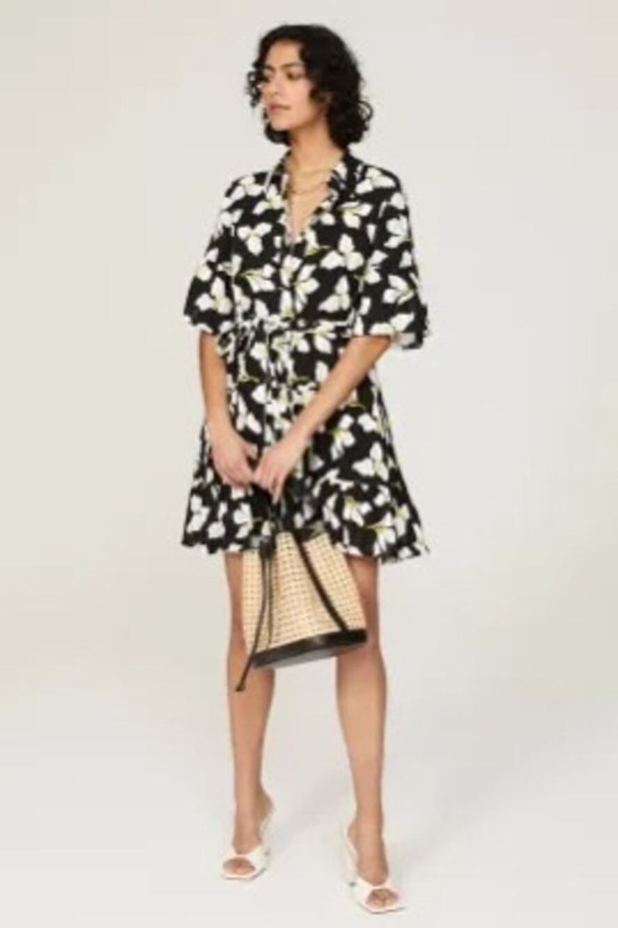 Diane von Furstenberg Beata Black Floral Print A-Line Short Sleeve Mini Dress XS